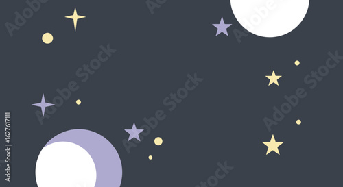 Abstract space scene with pastel colors and shapes. Geometric representation of celestial bodies and stars against a dark background.