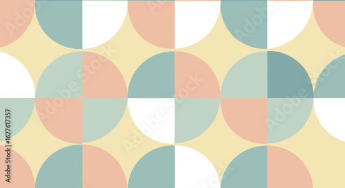 Abstract geometric pattern of pastel colored circles and quarter-circles on a light yellow background. Simple design with a repeating motif.