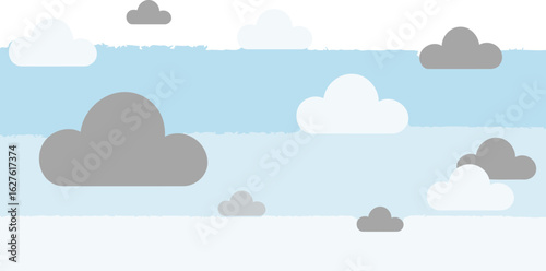 Simple clouds in light blue sky. Flat design clouds of varying shades of gray and white in various positions.