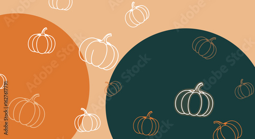 Pumpkin silhouettes in warm, autumnal tones against a backdrop of soft orange and dark teal. Abstract graphic design with a repeating pattern of pumpkins in varying shades.