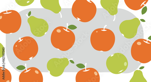 Fruit pattern of apples and pears on a light gray background. Colorful fruit design with various fruit types displayed in a repeating pattern.