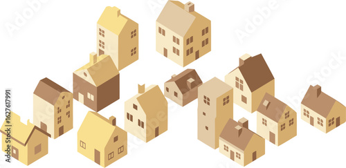 Isometric view of a quaint neighborhood with various houses.