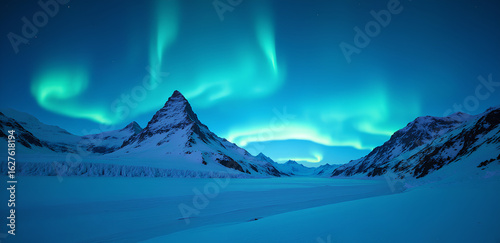 the aurora borealis above the ice glacier are behind the pointed snow peaks