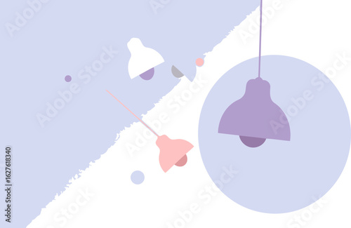 Pastel pendant lamps in various shades of pink and purple, hanging from a light blue background with abstract shapes.