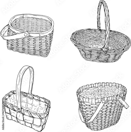 A wicker basket made of vines with a handle, a set of black and white silhouettes. Vector illustration. Sketches a basket for picking mushrooms and autumn harvest is isolated on a white background. 