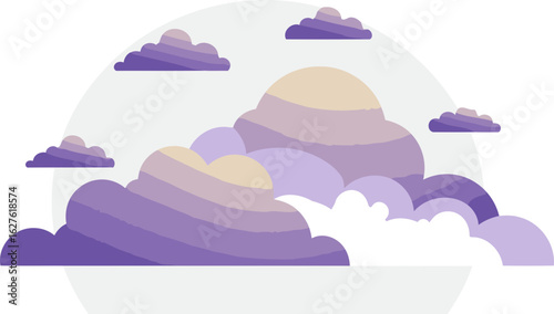 Purple gradient cloudscape with light gray background. Simple, stylized clouds with soft light tones, creating a peaceful and serene atmosphere.