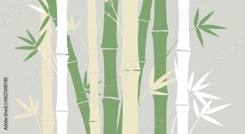 Bamboo stalks in muted greens and creams with stylized foliage against a textured light gray background. Elegant design for home decor or wallpaper.