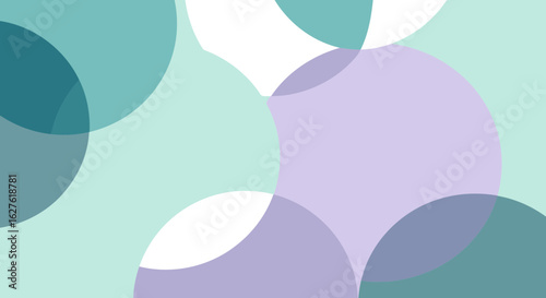 Abstract design with overlapping circles of teal, mint, lavender, and mauve colors. Layered shapes in a neutral background. Background graphic with no specific location or subject.