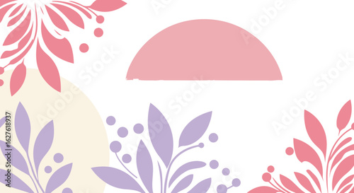 Abstract floral design with soft pink and lavender hues. Delicate botanical silhouettes arranged in a soft, pastel color palette.