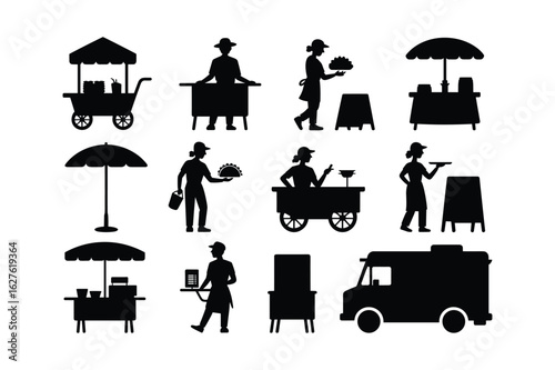 Food vendors and carts with umbrellas and signage food cart food truck