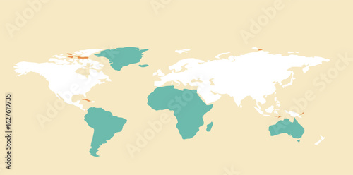Simple, stylized world map in muted tones of orange and teal, perfect for educational or general knowledge use.