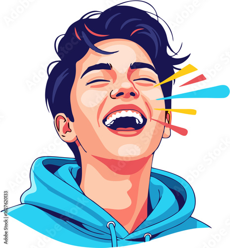Vector illustration of a joyful young man laughing out loud. Portrait of a happy teenage boy with a positive expression and colorful sound waves.