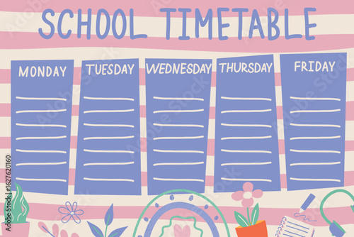 School timetable, weekly classes schedule. Vector school timetable with colorful education supplies