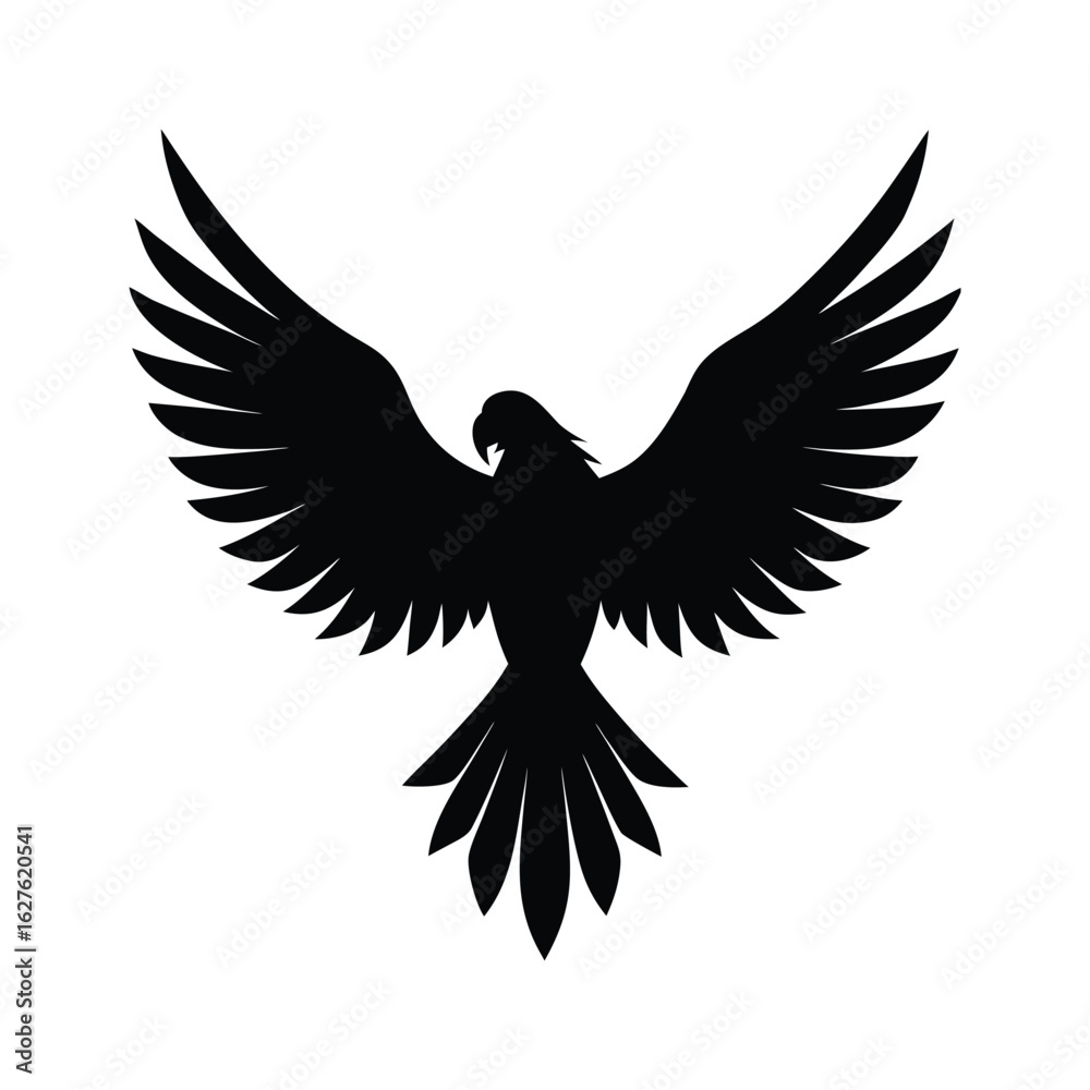 Black silhouette of a bird of prey with wings spread wide white Black silhouette of a bird of prey with wings spread wide white
