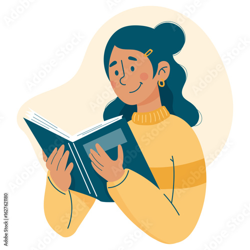 Jeune femme qui lit un livre - Illustration vectorielle éditable minimaliste et positive - Activité calme - Lecture, culture, éducation