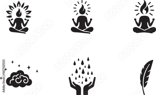 Calm meditation, spiritual growth, and gentle care icons