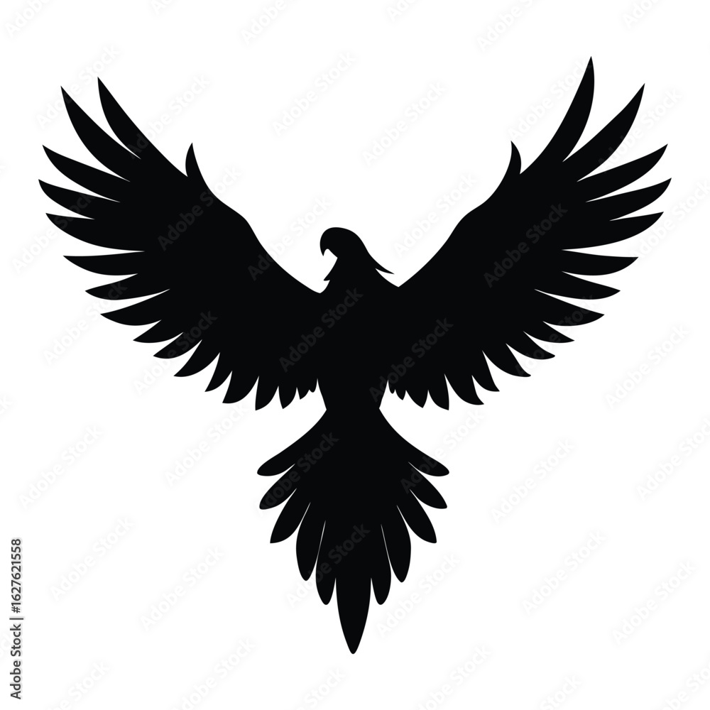 Obraz premium Black silhouette of a bird with spread wings and tail feathers white