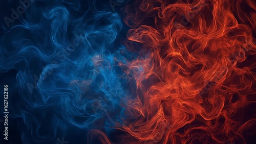 A vivid abstract illustration of swirling blue ice and fiery red flames merging at the center, symbolizing the clash of cold and heat.