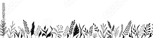 Dry grass, seamless border, black pencil drawing isolated on white background, panoramic view