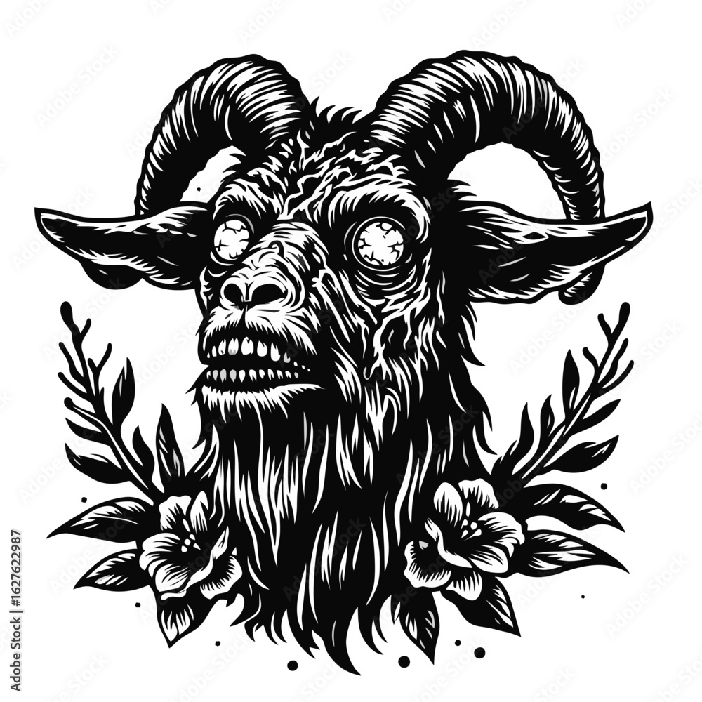 Obraz premium Zombie Goat Illustration in Black and White Transparent Background