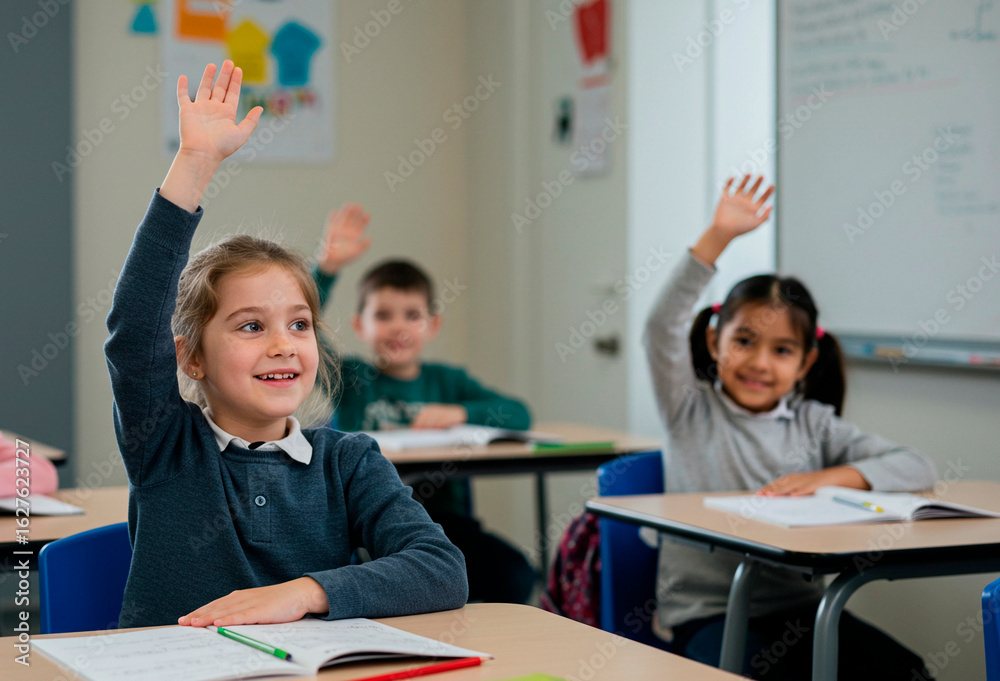Fototapeta premium Young cute schoolgirl raising hand to answer question from teacher in classroom. Happy kid elementary student learning while sitting at desk during lesson. Education, knowledge, back to school concept