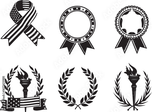 Patriotic Symbols American Ribbons Laurels and Torch Emblem Set