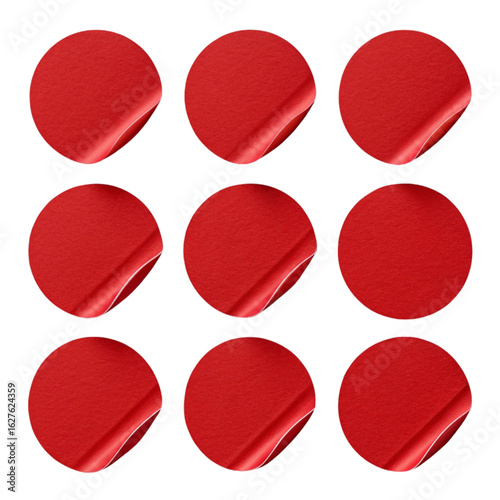 Red and white Round Stickers with Curled Corners Set – Isolated PNG on Transparent Background