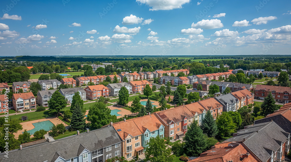 Obraz premium Aerial view of a suburban neighborhood with rows of townhouses and apartments, lush green trees, and a bright blue sky with fluffy clouds.
