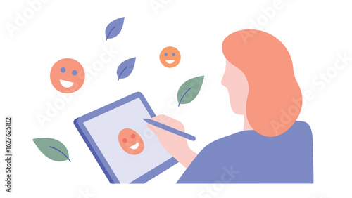 Woman drawing a smiley face on a tablet with a stylus surrounded by floating leaves and smiley faces