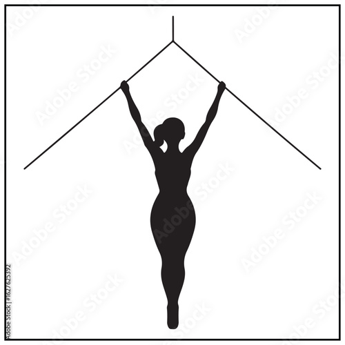 Vector art of silhouette of a female gymnast performing on a bar, isolated on white background