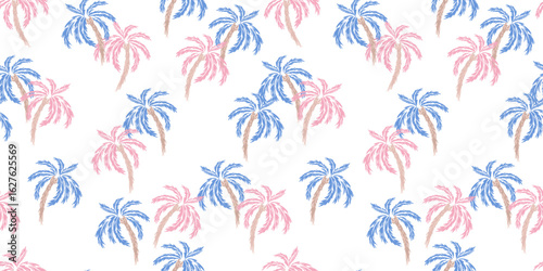 Seamless tropical palm tree vector pattern with a white background. The design features lush blue and soft pink palm leaves, creating a bold, exotic, and stylish look  for summer fashion, textiles