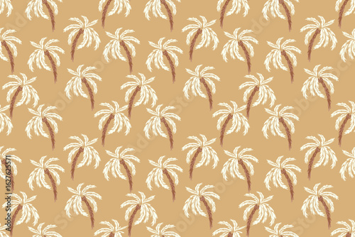 Seamless vector pattern featuring stylized palm trees with soft leaves and  trunks on a pastel beige background. Ideal for tropical themed designs, textiles, wallpapers, and beachwear prints