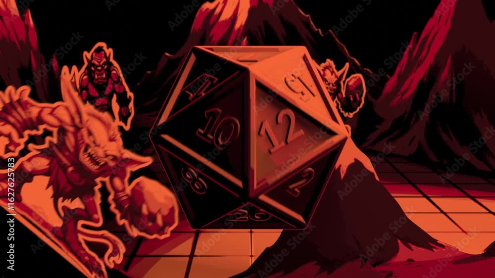 A stylized intro with a game dice d20. Board for playing in DnD with decorative rocks and volcano. The cube stops on the empty side for branding.