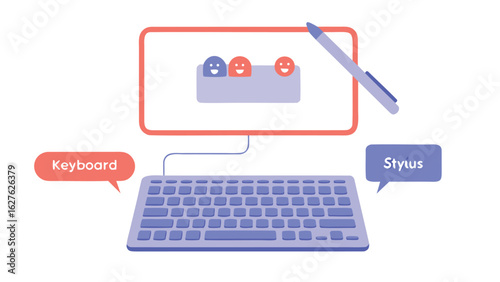Illustration of a computer screen with happy faces keyboard and stylus on a white background view