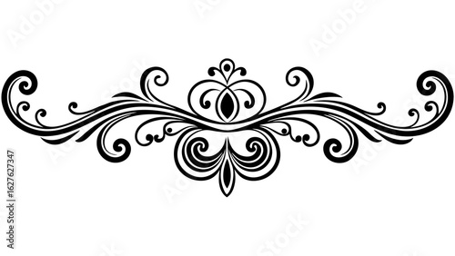 Classic vintage flourish divider in calligraphy style, symmetrical and elegant, white background.