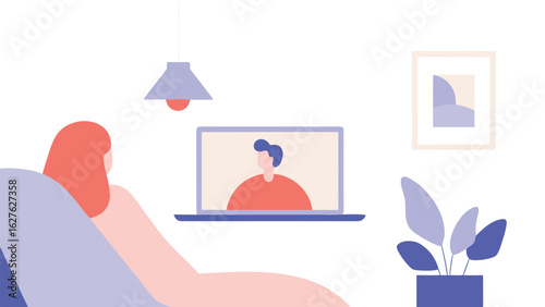 Woman on couch video calling a man on laptop with lamp and plant in a white room setting indoors
