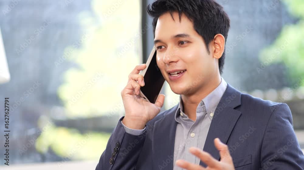 Businessman speaks on mobile phone with client at office desk. Businessman speaks on mobile phone with client at office desk.