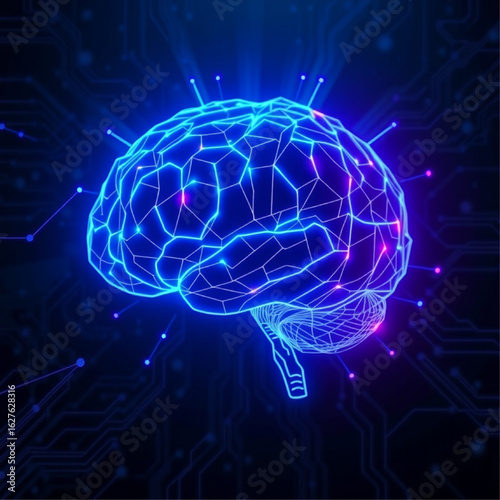 Conceptual illustration of artificial intelligence and deep learning with a glowing digital brain made of circuitry. Ideal for tech, medical AI, machine learning, and innovation concepts.