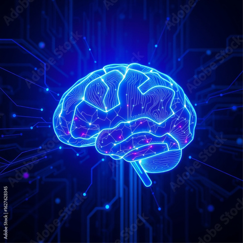 Conceptual illustration of artificial intelligence and deep learning with a glowing digital brain made of circuitry. Ideal for tech, medical AI, machine learning, and innovation concepts.