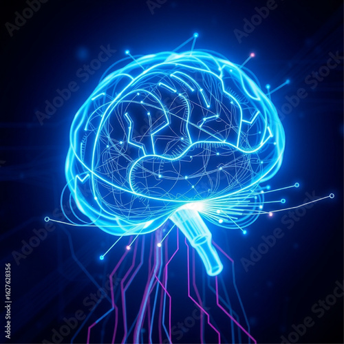 Conceptual illustration of artificial intelligence and deep learning with a glowing digital brain made of circuitry. Ideal for tech, medical AI, machine learning, and innovation concepts.