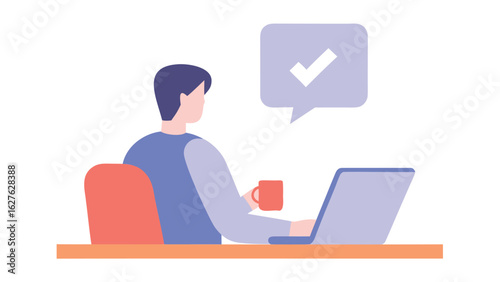 Person at a desk with laptop and coffee cup and checkmark in a speech bubble is shown here nicely