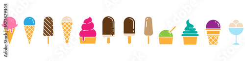 Ice cream vector icons set. Waffle cone illustration sign collection. Ice lolly symbol. Frozen juice logo.