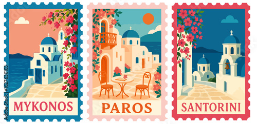 SET OF GREECE STAMPS ILLUSTRATION (THE CYCLADES : MYKONOS, SANTORINI, PAROS)