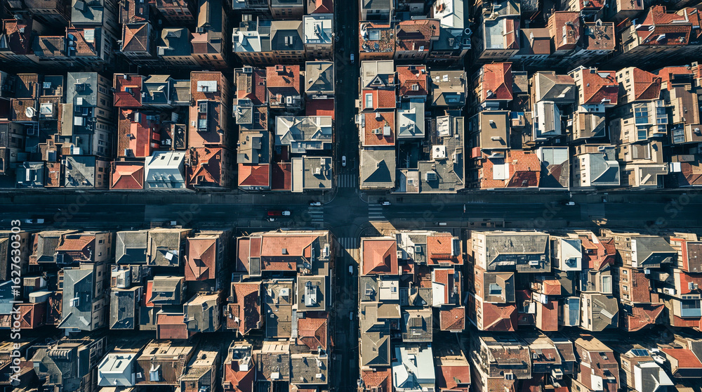 Fototapeta premium Aerial view of densely packed city blocks with rows of apartment buildings and red tiled roofs, intersected by a street with a few cars.