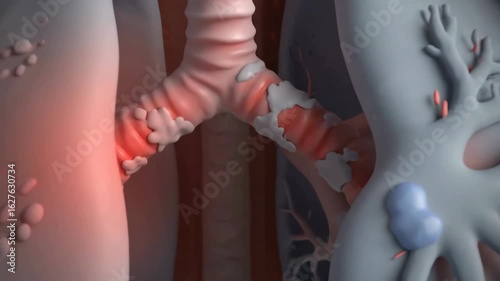 Lungs with cancer in the trachea and bronchiole with nodules on the lung tissue, A 3D rendering of lungs displaying a cancerous tumor and nodules due to the disease, Asthma