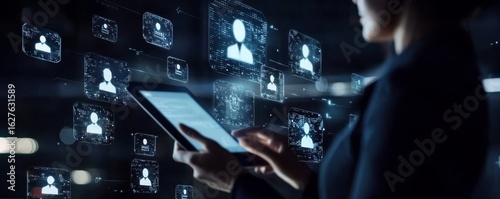 Individual interacting with a tablet showcasing a digital recruitment interface.