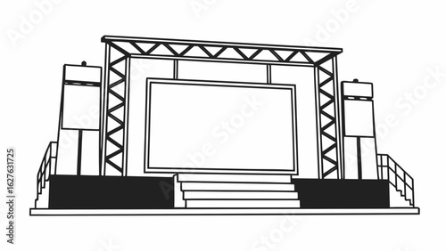 Illustration of a stage with a large screen and side platforms and stairs for access to the stage