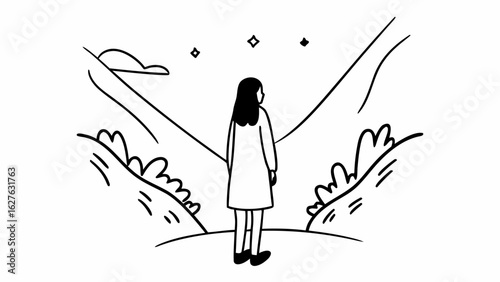 A girl standing in a landscape with mountains and stars in a simple black and white line drawing style
