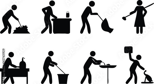 Black silhouette icons of people performing household chores vector