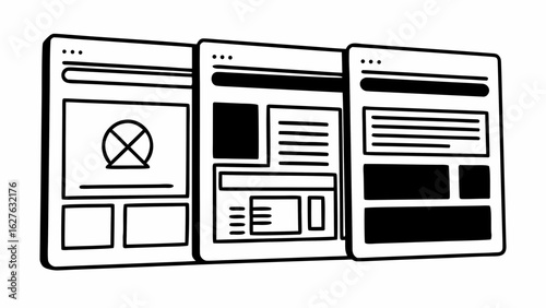 Three stylized browser windows displaying different layouts and content in a simple black and white design